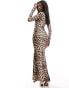 Fashionkilla super soft notch front long sleeve maxi dress in leopard print