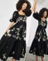 Фото #1 товара ASOS EDITION wild rose embroidered waisted puff sleeve midi dress in black