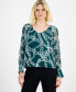 Petite Printed V-Neck Long-Sleeve Top, Created for Macy's Kari Chain Grn, P/M - фото #1