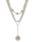 Two-Tone Color Stone & Mother-of-Pearl Daisy Beaded Layered Lariat Necklace, 15-1/4" + 2" extender