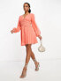 Фото #6 товара ASOS DESIGN Petite button through ruched waist pleated mini dress in metallic dobby in coral