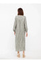 Bağlamalı Yaka Desenli Uzun Kollu Keten Görünümlü Kadın Elbise