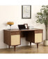Black Walnut Desk With Natural Rattan Net - Large Home Office Workstation With Storage 57.09 Inch