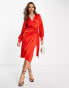 Фото #6 товара Never Fully Dressed tie waist satin midi dress in red