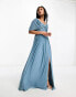 Little Mistress Bridesmaids bardot gathered maxi dress in mesh in blue