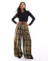 Noisy May Petite high waist wide leg trousers with pleat detail in khaki check