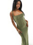 Фото #7 товара ASOS DESIGN slinky cowl neck cami maxi dress with gold trim back in khaki