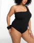 Simply Be crinkle one shoulder swimsuit with matching scrunchie in black