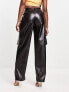 Kaiia leather look cargo trouser with asymmetric waistband in black