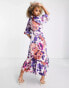 Фото #2 товара Liquorish satin wrap midi dress with puff sleeve in overscale floral print