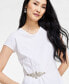 Фото #3 товара Women's Embellished-Waist Cotton T-Shirt, Created for Macy's