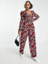 Monki jumpsuit with long sleeves in red all over print