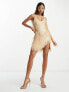 ASOS DESIGN scoop neck mini dress with shard sequin and thigh split in stone