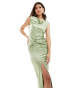 TFNC Bridesmaid satin cowl neck maxi with twist detail dress in sage Синий, 42 - фото #3