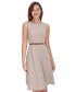 Women's Sleeveless Crewnek Herringbone Belted Fit & Flare Dress