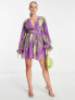 Фото #4 товара ASOS DESIGN pleated balloon sleeve mini dress with belt in purple floral print