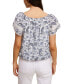 Leno Gauze Printed Peasant Top with Lace Trim Sleeve