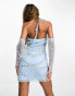 Starlet halterneck mini dress with pearl and diamante embellishment in baby blue