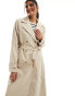 Pieces tie waist trench coat in sand