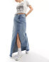 ASOS DESIGN denim maxi skirt with double split in midwash blue