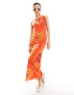 ASOS DESIGN slash neck keyhole midi dress in orange ombre floral print Orangenblüten, XS - EU 32-34 - фото #1