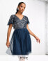 Beauut Petite Bridesmaid embellished mini dress with flutter detail in navy