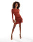 ASOS DESIGN ribbed long sleeve mini dress with rara skirt in rust Красный, L - EU 44-46 - фото #4