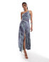 ASOS DESIGN mesh asymmetric one shoulder ruched maxi dress with side split in green & lilac print