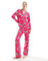 Фото #2 товара Chelsea Peers Exclusive jersey dalmation print button top and trouser pyjama set in hot pink