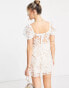 Love Triangle puff sleeve skater dress in white leaf lace