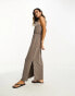 Vila slinky racer neck maxi dress with split sides in stone