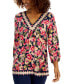 Фото #1 товара Petite Floral V Neck 3/4-Sleeve Top, Created for Macy's