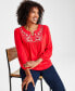 Фото #1 товара Petite Embroidered Shimmer-Knit Cotton Top, Created for Macy's
