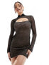 Фото #3 товара ASOS DESIGN grid mesh long sleeve mini dress with keyhole collar in black