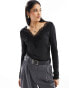 YAS v neck long sleeve top with lace detail in black - BLACK