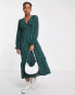 New Look puff long sleeve midi wrap dress in dark green check Зеленый, 36 - фото #1