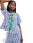 Фото #1 товара Neon Rose gingham and bow detail smock blouse co-ord in blue and green