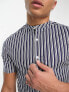 ASOS DESIGN skinny stripe shirt with roll sleeve and grandad collar in navy/white