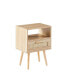 Rattan End Table With Drawer And Solid Wood Legs, Modern Nightstand, Side Table