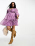 Фото #2 товара ASOS DESIGN Curve lace trim plunge batwing mini dress with pep hem in lilac floral dobby