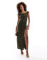 ASOS DESIGN short sleeve with side split maxi dress in textured ruffle in khaki Зеленый, S - EU 36-38 - фото #1