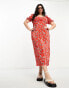 Фото #1 товара ASOS DESIGN Curve square neck puff sleeve plisse midi dress in red daisy