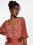 ASOS DESIGN lace mini dress with pleated chiffon and satin belt in rust