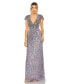 Women's V Neck Cap Sleeve Embellished Gown