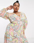 Twisted Wunder Plus balloon sleeve midi dress in pastel swirl print