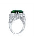 7CT Cubic Zirconia CZ Pave Rectangle Green Simulated Emerald Cut Statement Fashion Ring For Women Rhodium Plated Brass