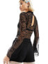 Фото #5 товара Labelrail x Dyspnea high neck stretch lace bodysuit with fluted sleeves in black