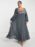 Фото #1 товара ASOS DESIGN Curve embroidered bust pleated midi dress with long sleeve in dark grey