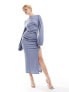 ASOS DESIGN textured long sleeve midi dress with asymmetric neck in washed denim blue