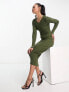 Фото #3 товара In The Style ribbed midi v neck dress in khaki